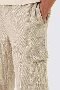 boohooMAN Elasticated Waist Relaxed Herringbone Textured Cargo Trousers | UK| Trousers|Cargos