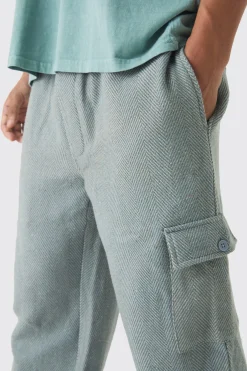 boohooMAN Elasticated Waist Relaxed Herringbone Textured Cargo Trousers | UK| Trousers|Cargos