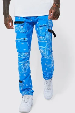 boohooMAN Elasticated Waist Slim Fit Bandanna Print Cargo Trousers | UK| Trousers