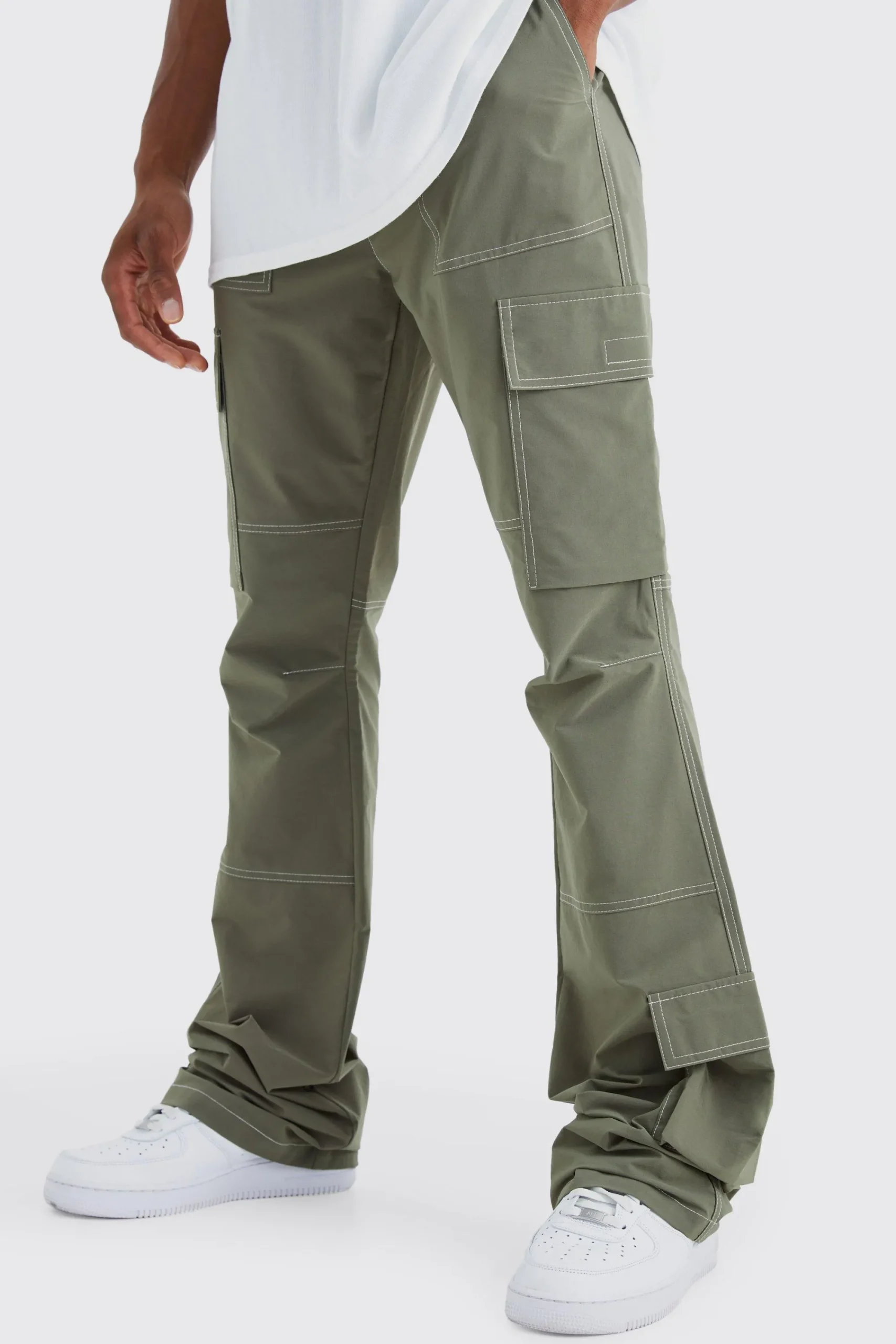 boohooMAN Elasticated Waist Slim Flare Contrast Stitch Cargo Trouser | UK| Trousers