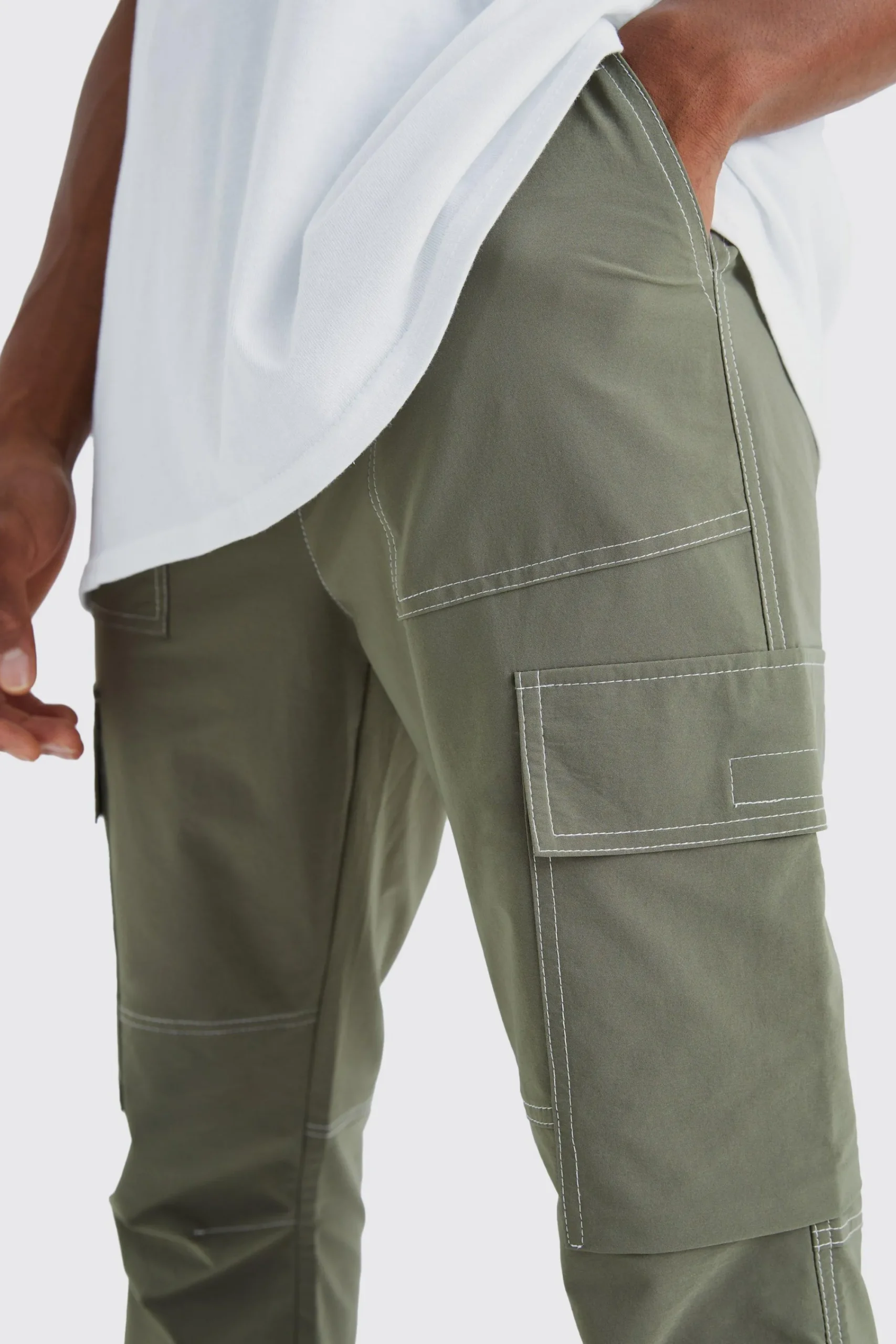 boohooMAN Elasticated Waist Slim Flare Contrast Stitch Cargo Trouser | UK| Trousers