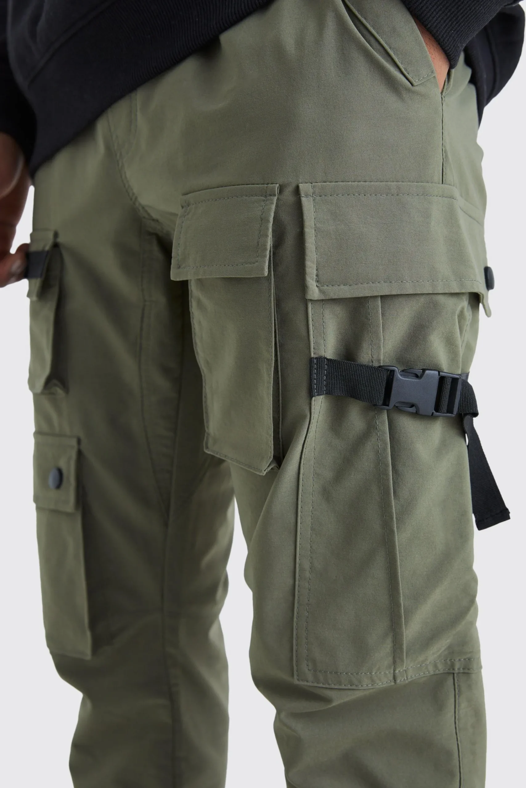 boohooMAN Elasticated Waist Slim Multi Cargo Strap Trouser | UK| Trousers|Cargos