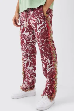 boohooMAN Elasticated Waist Straight Leg Frayed Tapestry Trouser | UK| Trousers