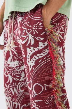 boohooMAN Elasticated Waist Straight Leg Frayed Tapestry Trouser | UK| Trousers