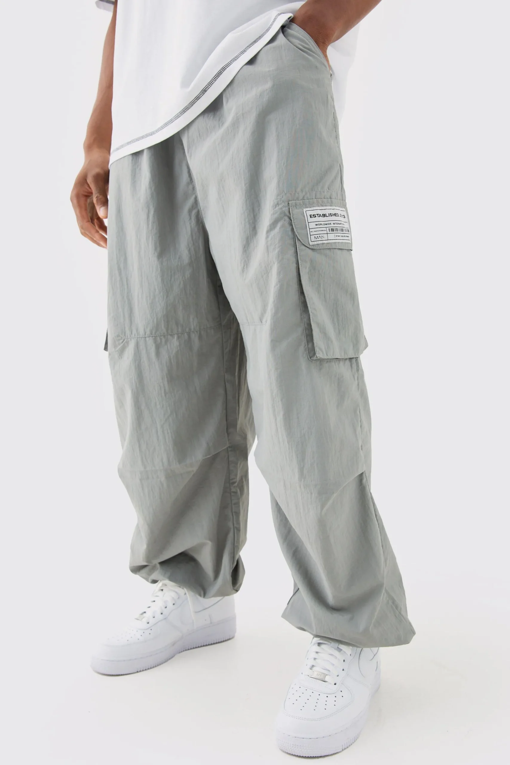 boohooMAN Elasticated Waist Woven Tab Parachute Pants | UK| Cargos|Trousers