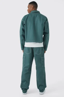 boohooMAN Elasticated Waistband Twill Contrast Stitch Relaxed Cargo | UK| Trousers