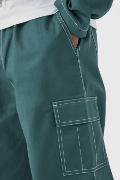 boohooMAN Elasticated Waistband Twill Contrast Stitch Relaxed Cargo | UK| Trousers
