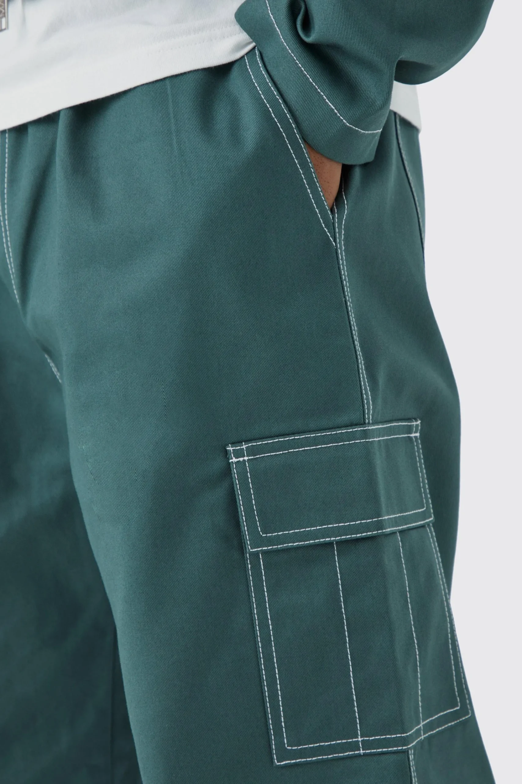 boohooMAN Elasticated Waistband Twill Contrast Stitch Relaxed Cargo | UK| Trousers