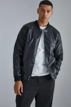 boohooMAN Embossed Pu Varsity Jacket With Badge | UK| Coats & Jackets