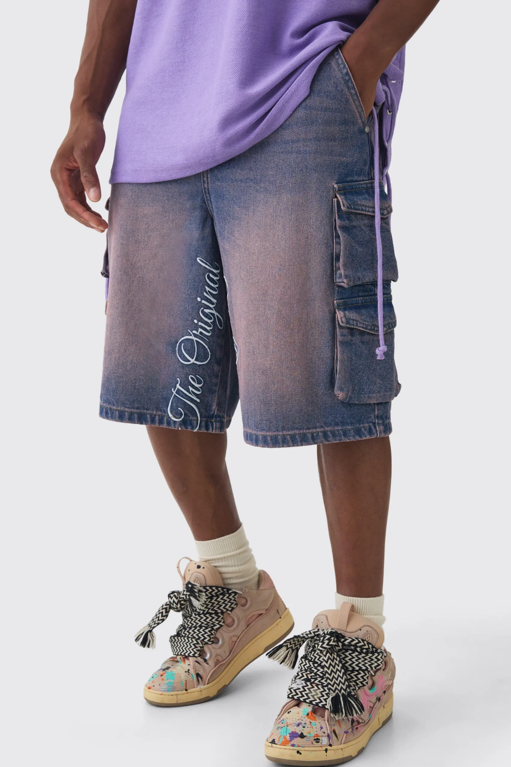 boohooMAN Embroidered Denim Cargo Jorts In | UK| Shorts