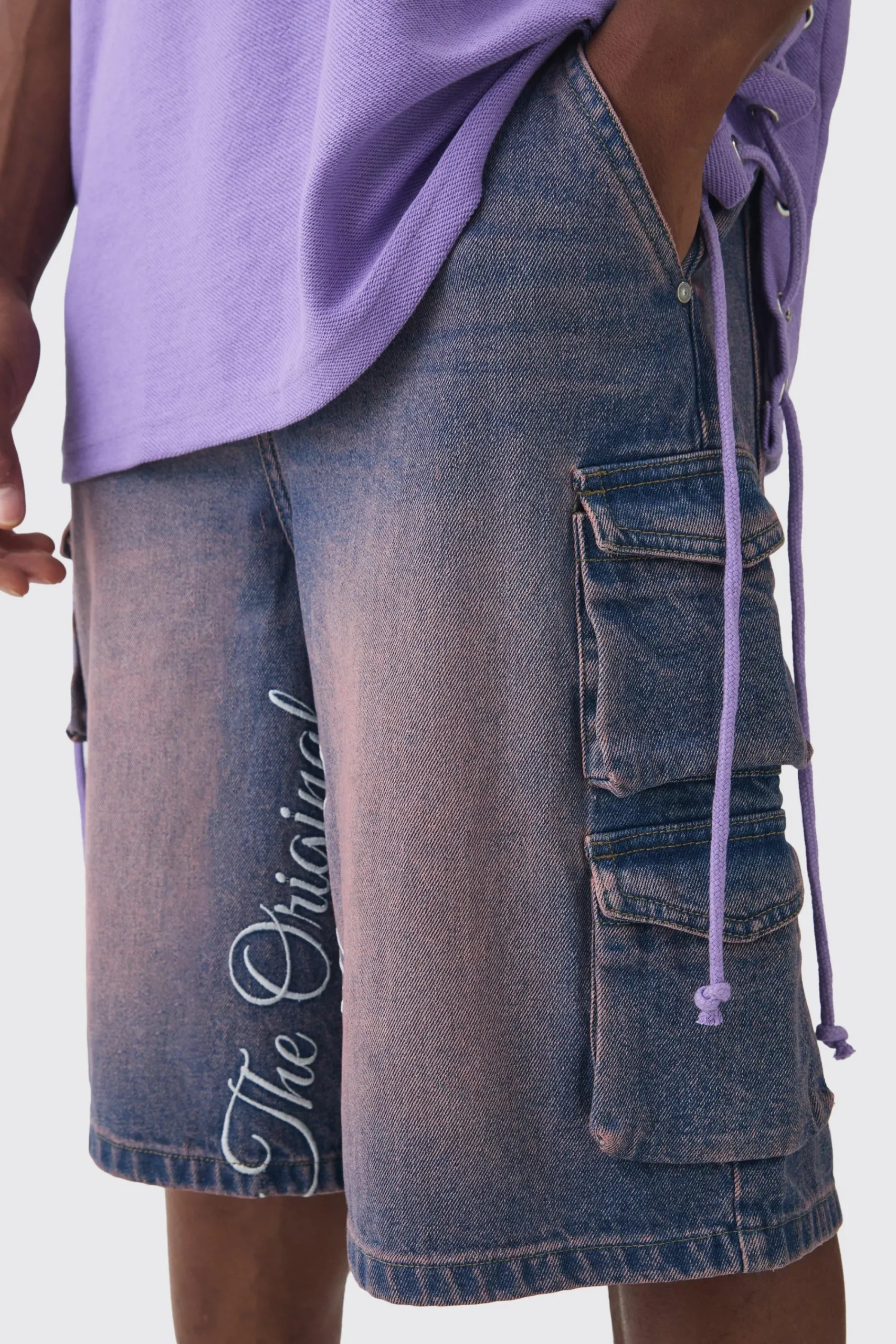 boohooMAN Embroidered Denim Cargo Jorts In | UK| Shorts