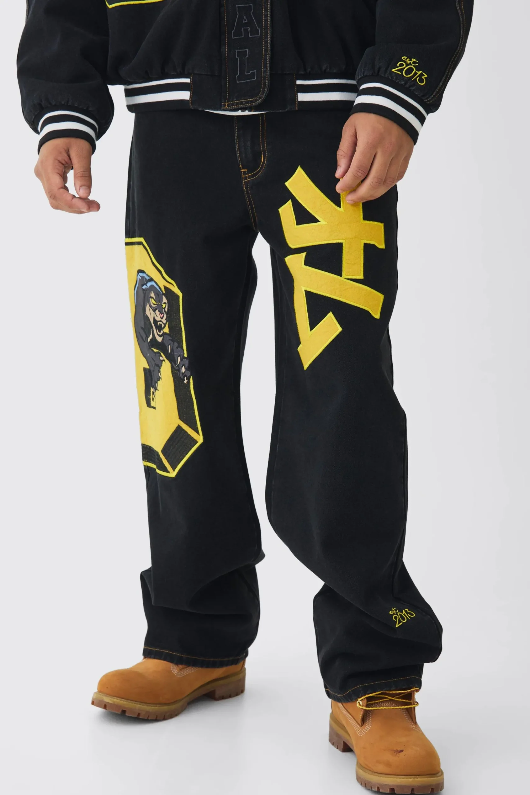 boohooMAN Extreme Baggy Rigid Varsity Applique Jeans | UK| Jeans