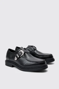 boohooMAN Faux Leather Derby Shoes With Western Buckle In | UK| Smart Shoes
