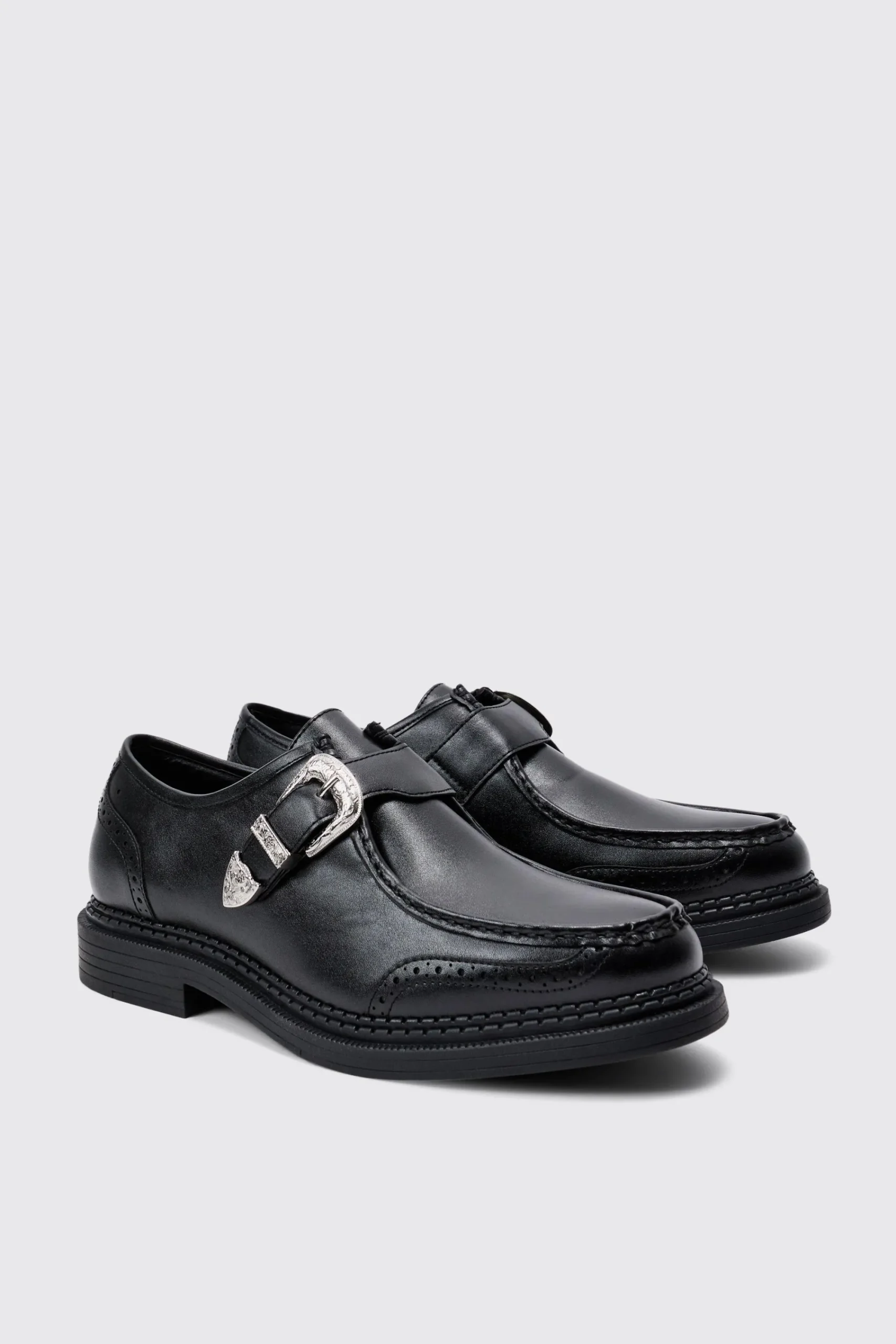 boohooMAN Faux Leather Derby Shoes With Western Buckle In | UK| Smart Shoes