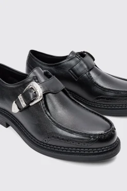 boohooMAN Faux Leather Derby Shoes With Western Buckle In | UK| Smart Shoes