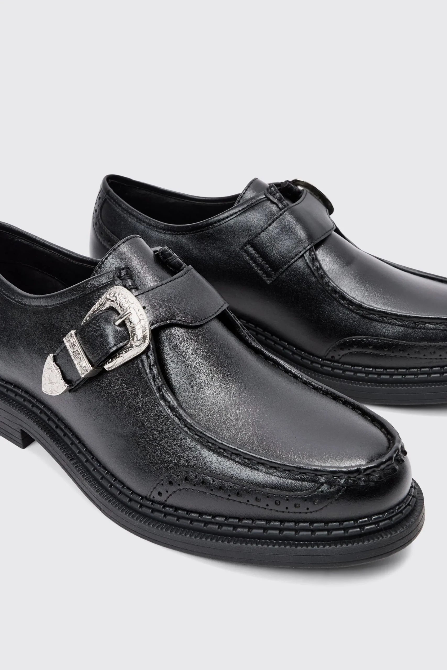 boohooMAN Faux Leather Derby Shoes With Western Buckle In | UK| Smart Shoes