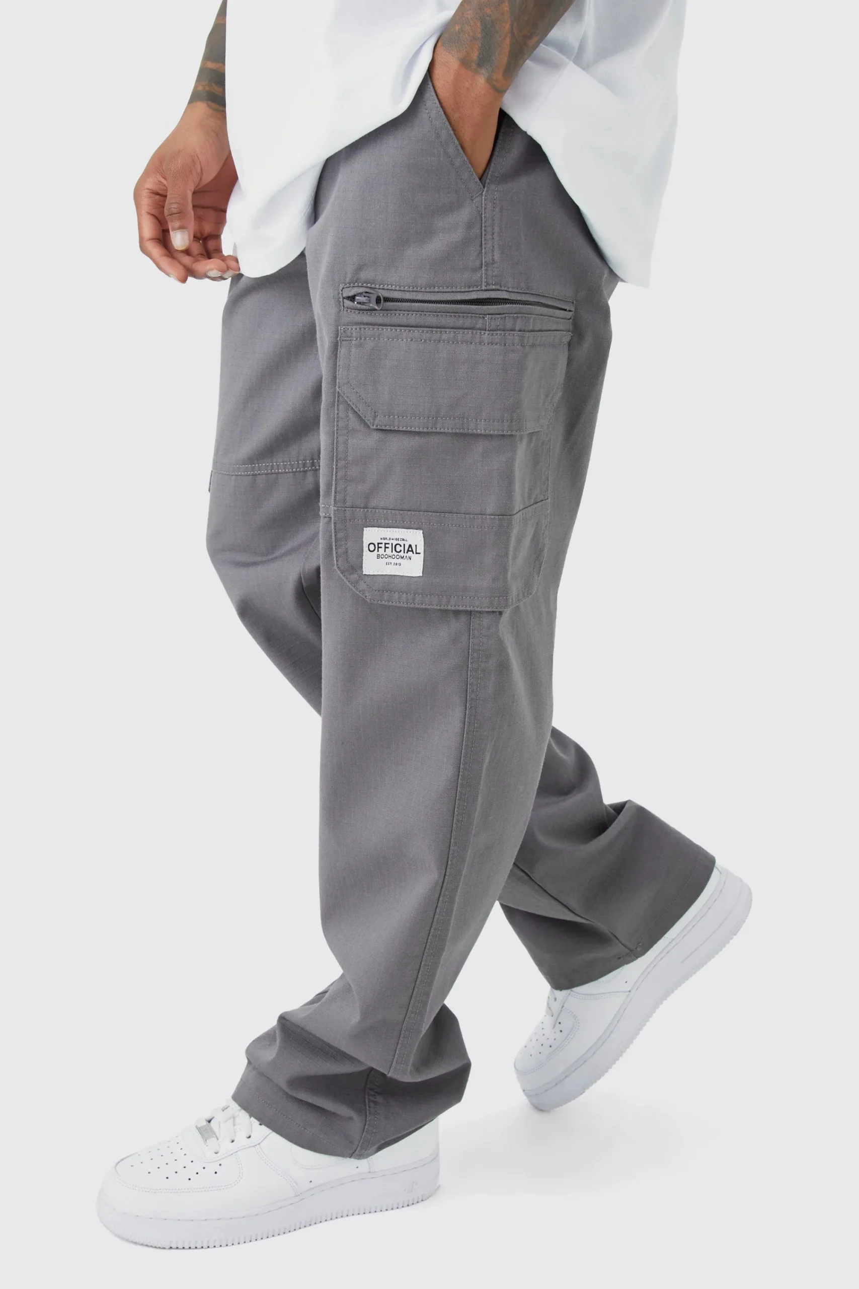 boohooMAN Fixed Ripstop Cargo Zip Trouser With Woven Tab | UK| Trousers|Cargos