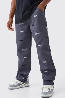 boohooMAN Fixed Waist Relaxed All Over Embroidery Trouser | UK| Trousers