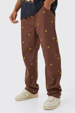 boohooMAN Fixed Waist Relaxed All Over Embroidery Trouser | UK| Trousers