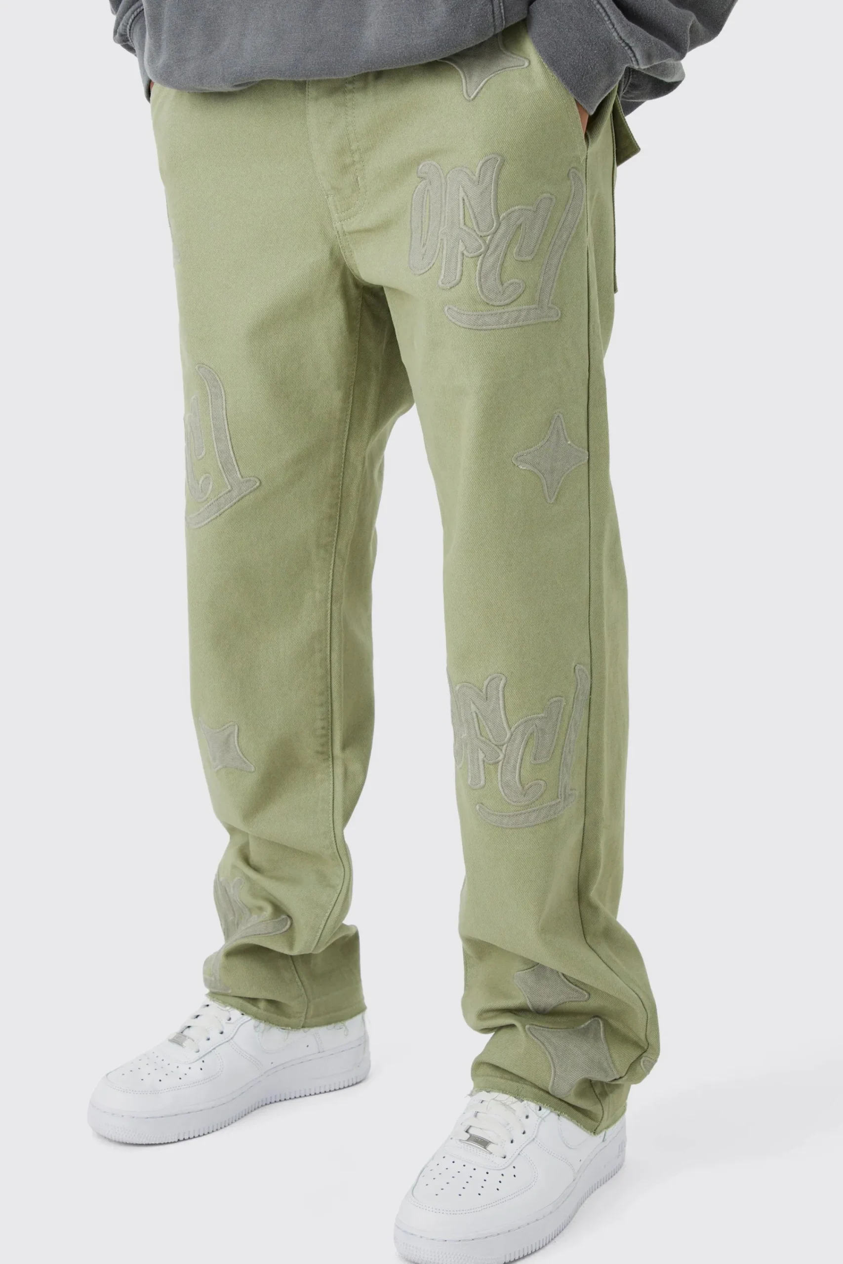 boohooMAN Fixed Waist Relaxed Gusset Applique Trouser | UK| Trousers