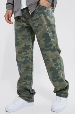 boohooMAN Fixed Waist Relaxed Washed Camo Trouser | UK| Trousers