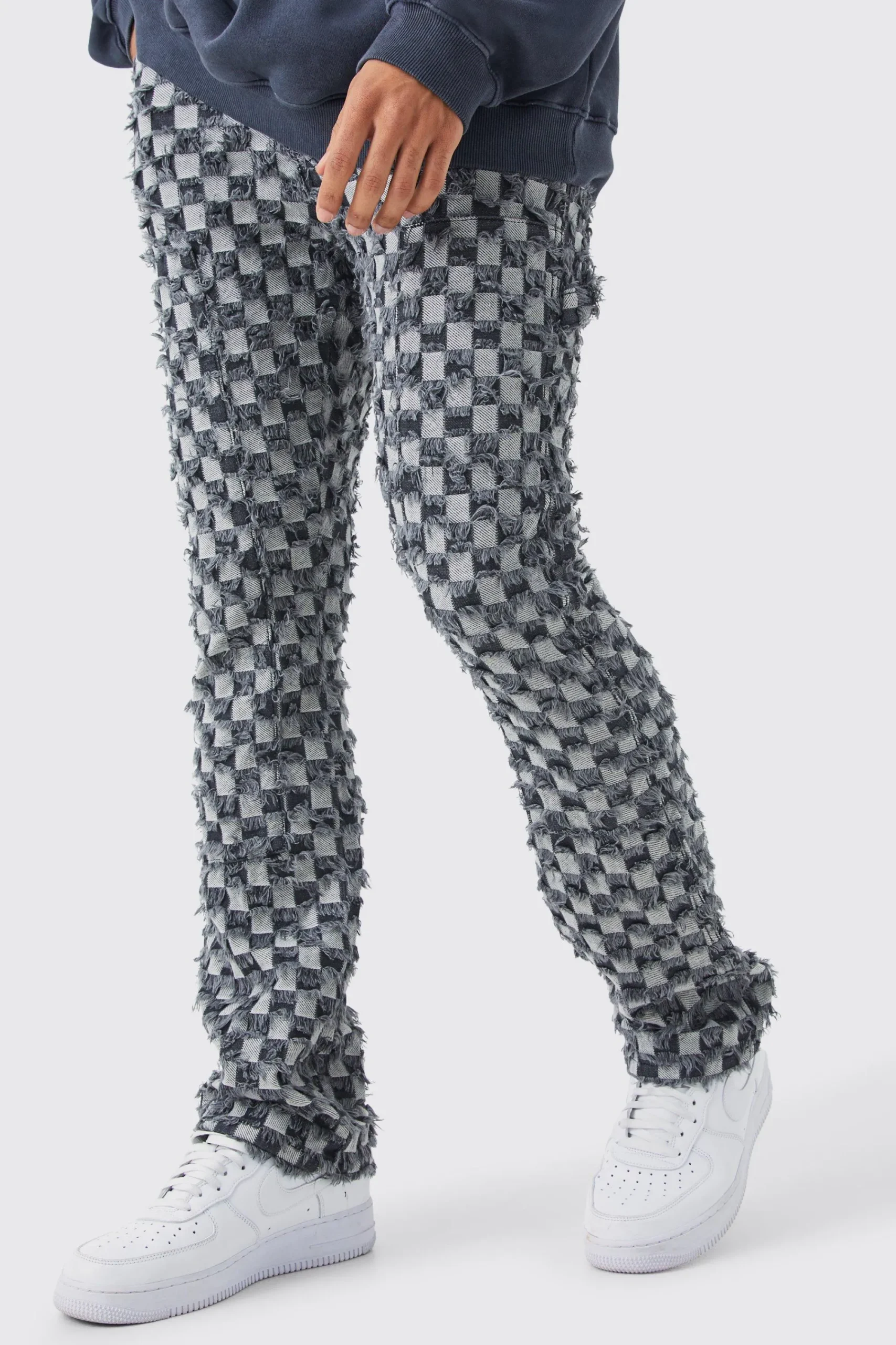 boohooMAN Fixed Waist Slim Flare Checked Tapestry Gusset Trouser | UK| Trousers