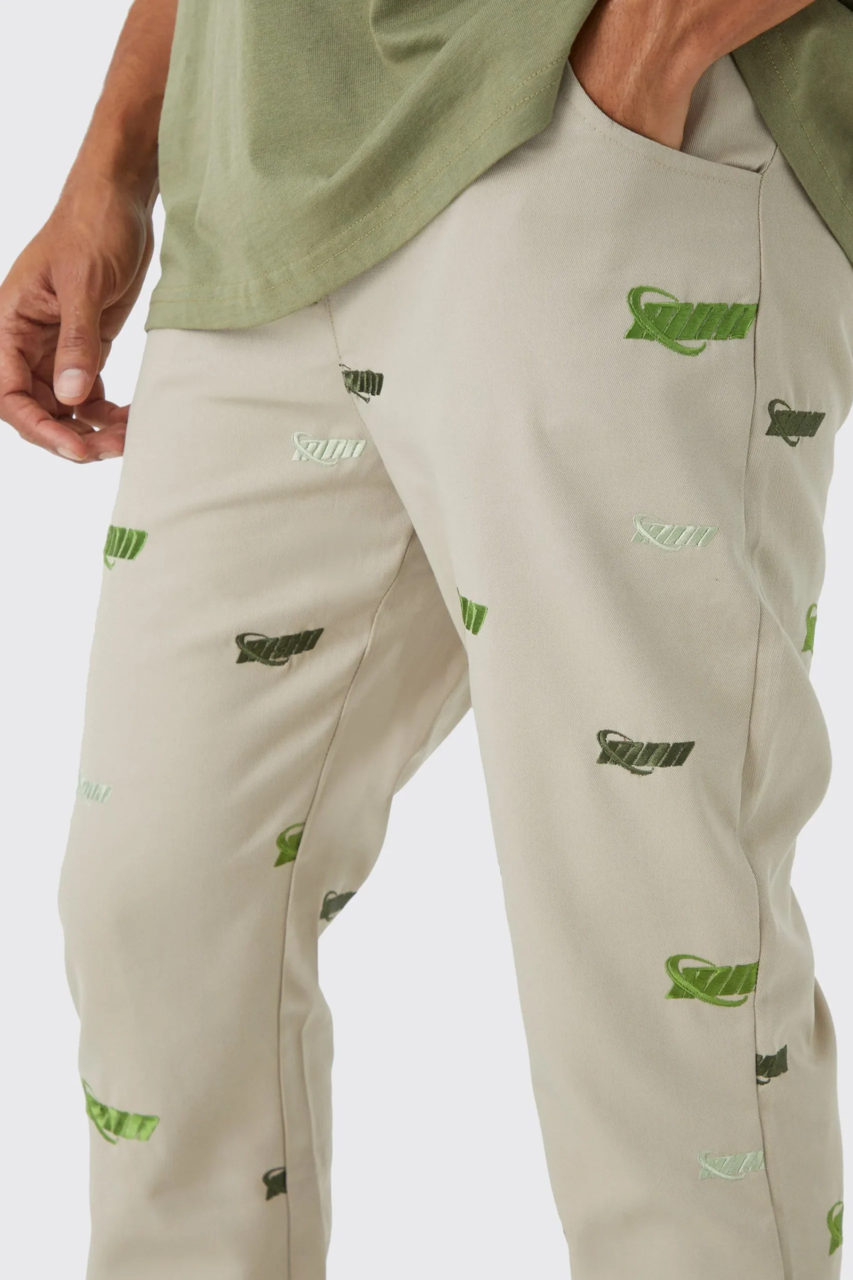 boohooMAN Fixed Waist Slim Flare Embroidered Trouser | UK| Trousers