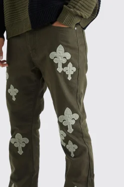 boohooMAN Fixed Waist Slim Flare Gusset Applique Trouser | UK| Trousers