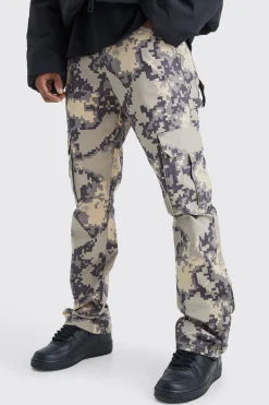 boohooMAN Fixed Waist Slim Flare Gusset Pixel Camo Cargo Trouser | UK| Trousers