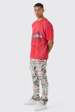 boohooMAN Fixed Waist Slim Flare Stacked Tapestry Cargo Trouser | UK| Trousers|Cargos