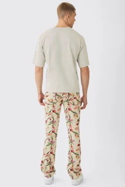 boohooMAN Fixed Waist Slim Flare Stacked Floral Tapestry Cargo Trouser | UK| Trousers|Cargos