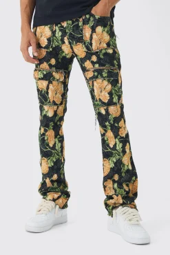 boohooMAN Fixed Waist Slim Flare Stacked Floral Tapestry Cargo Trouser | UK| Trousers|Cargos