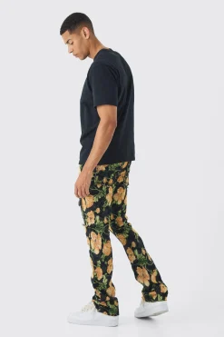 boohooMAN Fixed Waist Slim Flare Stacked Floral Tapestry Cargo Trouser | UK| Trousers|Cargos