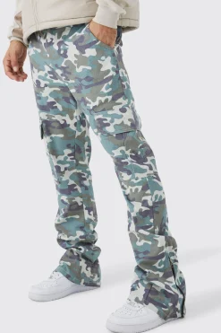 boohooMAN Fixed Waist Slim Flare Washed Camo Gusset Trouser | UK| Trousers