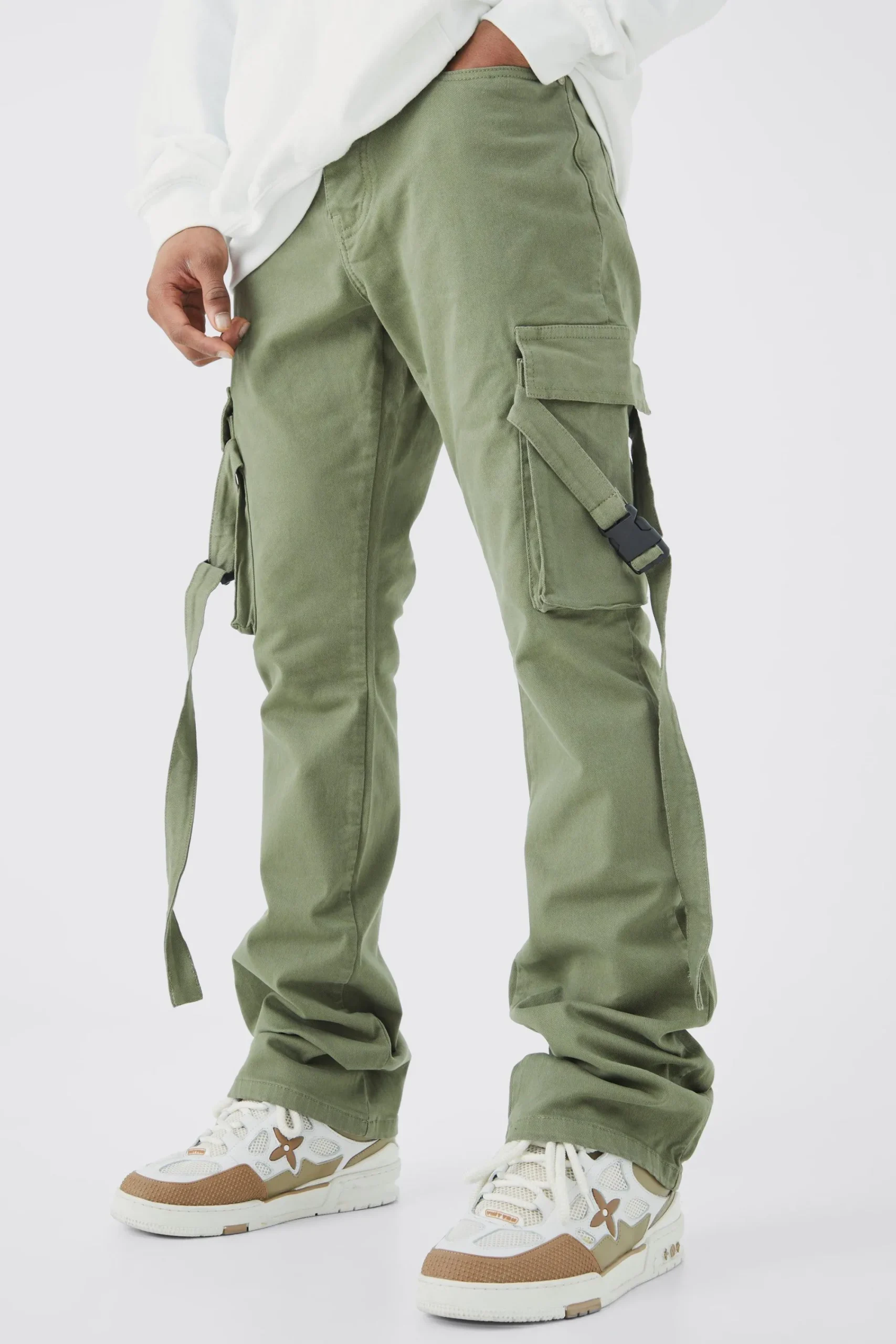 boohooMAN Fixed Waist Slim Stacked Flare Strap Cargo Trouser | UK| Trousers|Cargos