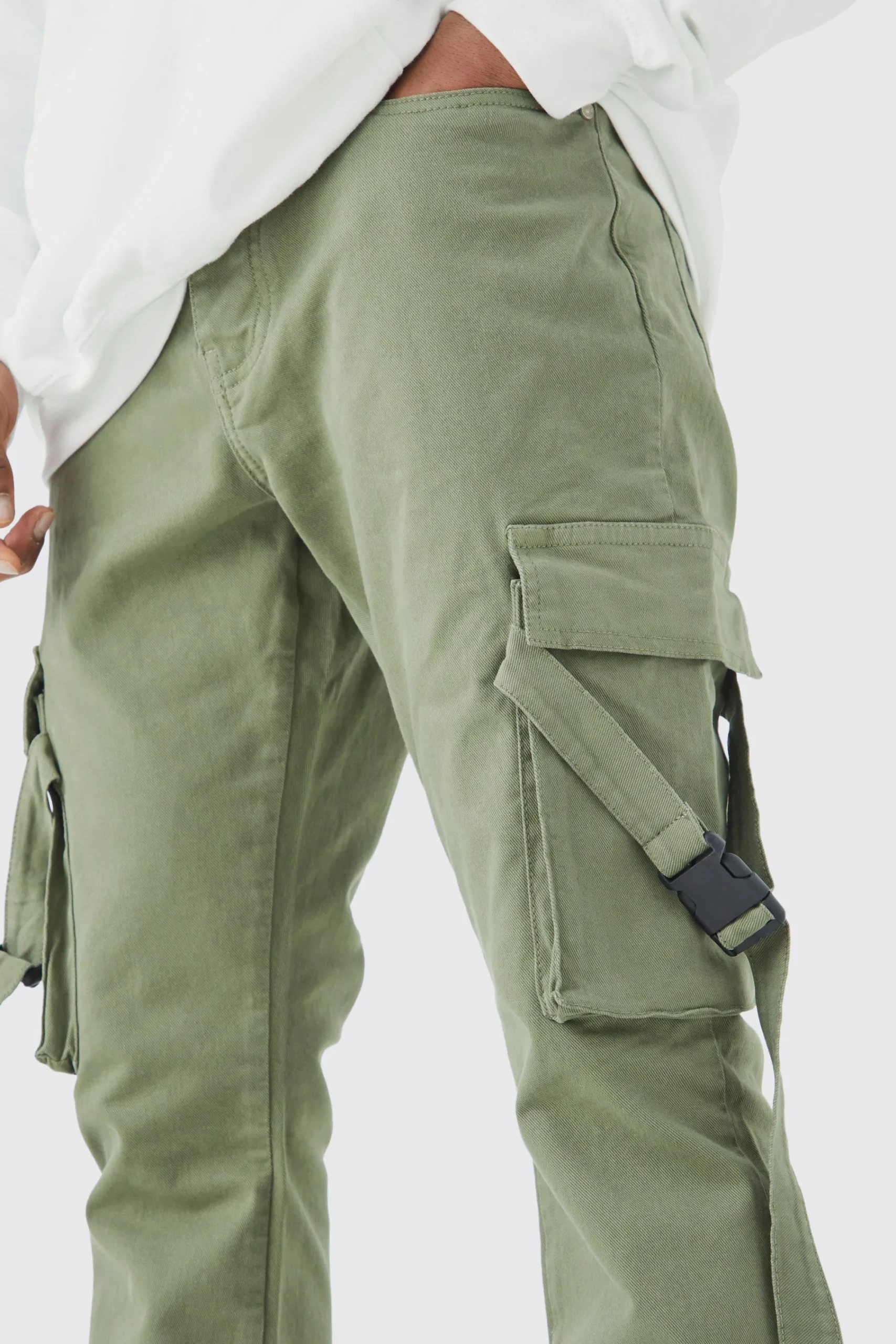 boohooMAN Fixed Waist Slim Stacked Flare Strap Cargo Trouser | UK| Trousers|Cargos