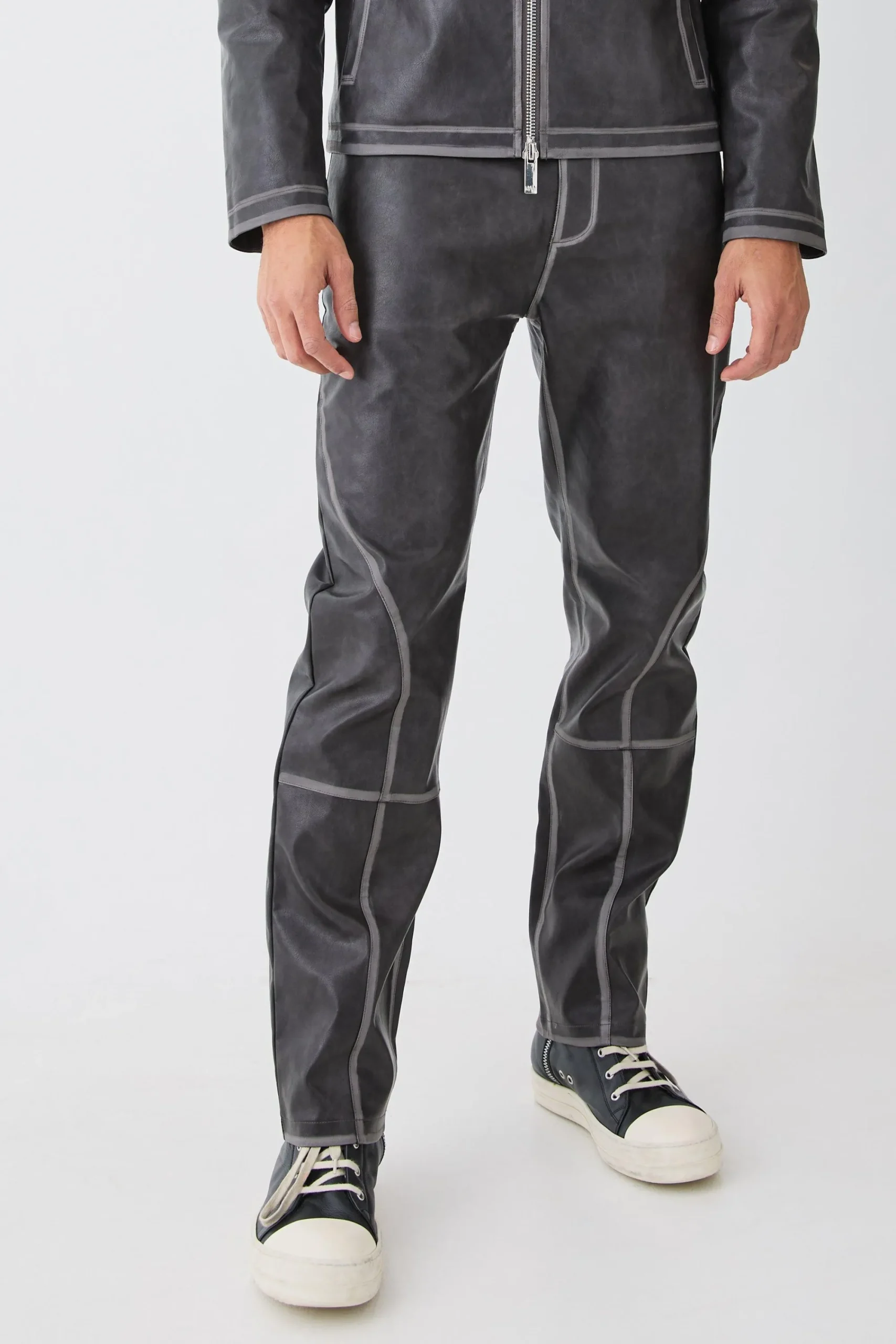 boohooMAN Fixed Waist Straight Leg Washed Pu Trousers | UK| Trousers