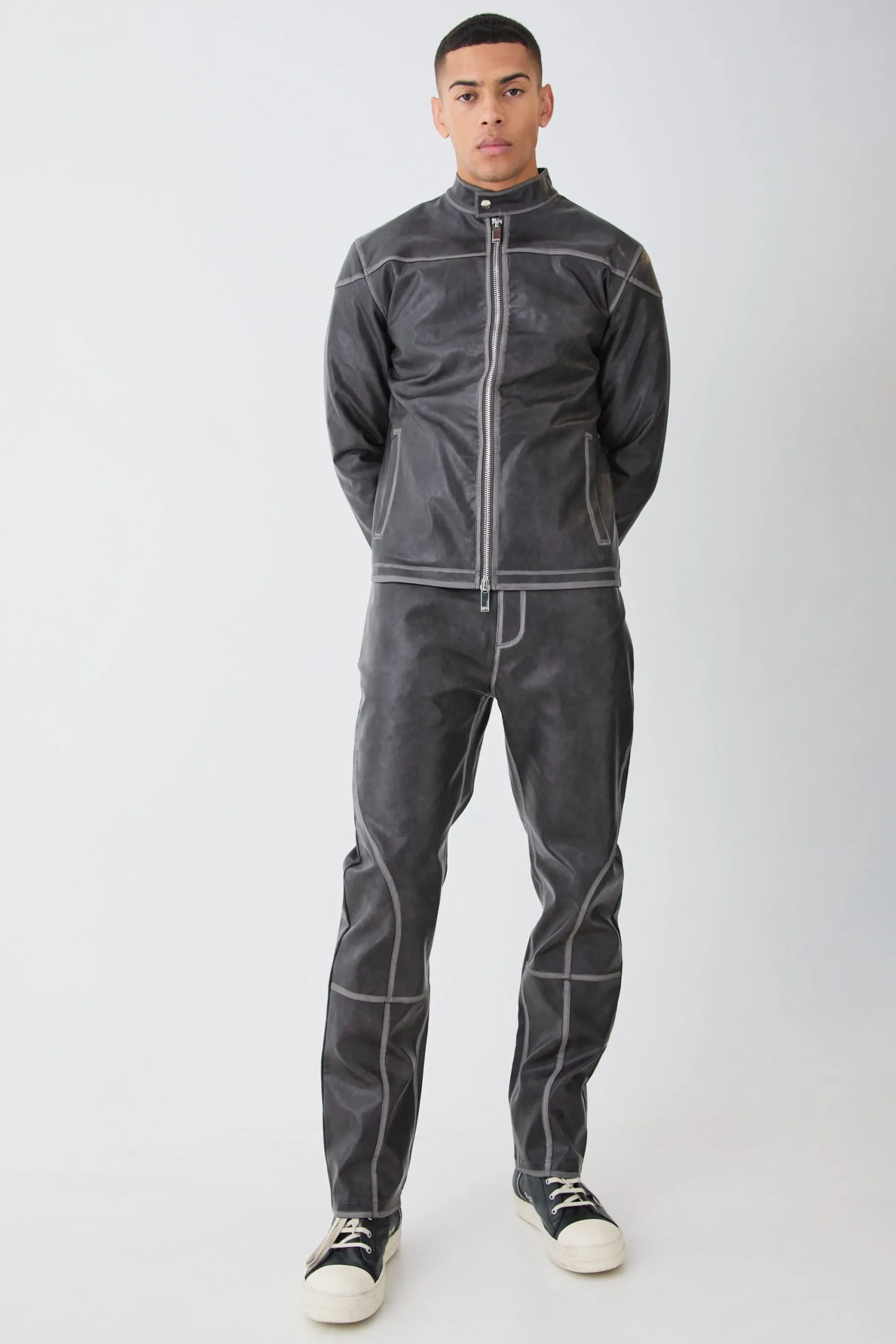 boohooMAN Fixed Waist Straight Leg Washed Pu Trousers | UK| Trousers