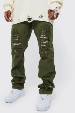 boohooMAN Fixed Waist Straight Stacked Camo Rip Cargo Trousers | UK| Trousers