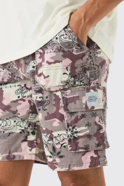 boohooMAN Fixed Waist Woven Tab Bandanna Camo Relaxed Cargo Shorts | UK| Shorts