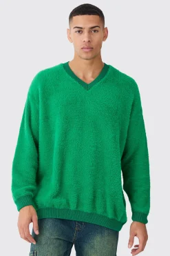 boohooMAN Fluffy Contrast V Neck Boxy Jumper | UK| Knitwear