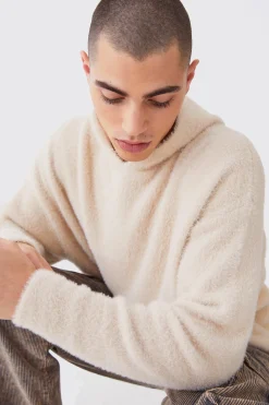 boohooMAN Fluffy Knitted Boxy Hoodie | UK| Knitwear