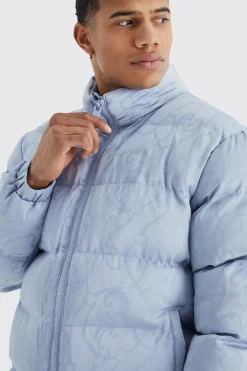 boohooMAN Funnel Neck Satin Chain Print Puffer | UK| Coats & Jackets