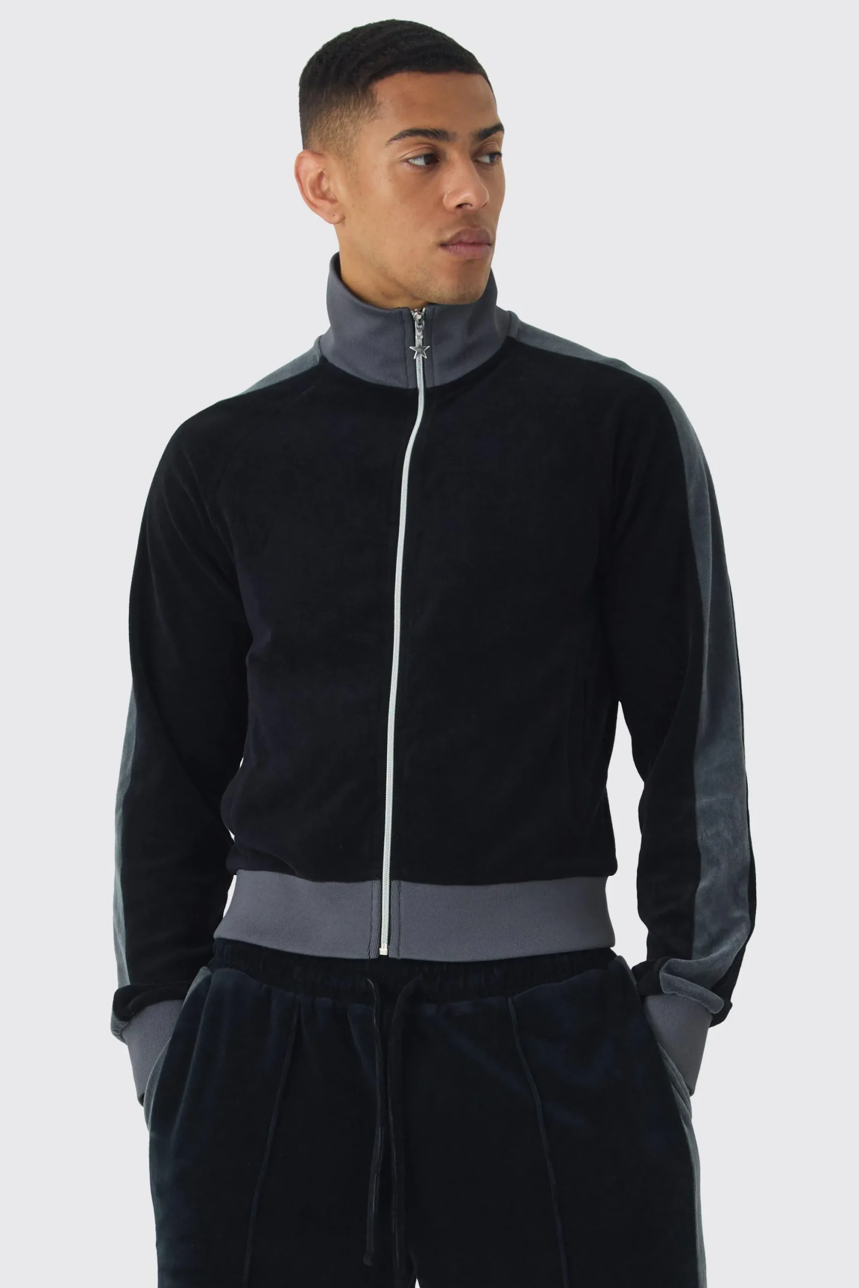boohooMAN Funnel Neck Velour Track Top | UK| Coats & Jackets|Hoodies & Sweatshirts