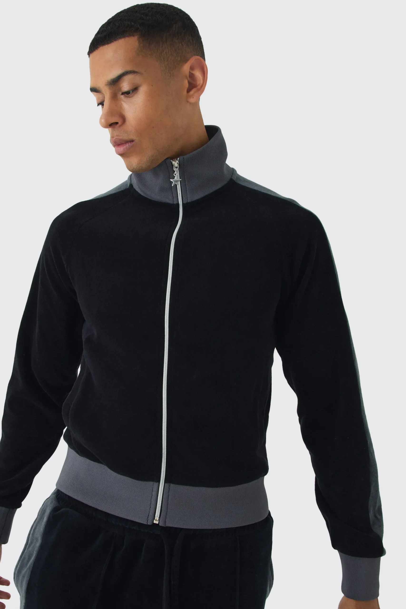 boohooMAN Funnel Neck Velour Track Top | UK| Coats & Jackets|Hoodies & Sweatshirts