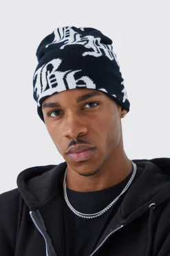 boohooMAN Gothic Logo Jacquard Beanie | UK| Hats & Caps