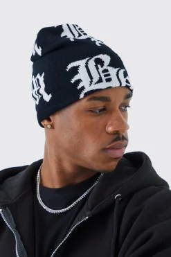 boohooMAN Gothic Logo Jacquard Beanie | UK| Hats & Caps