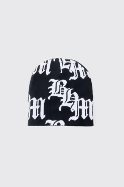 boohooMAN Gothic Logo Jacquard Beanie | UK| Hats & Caps