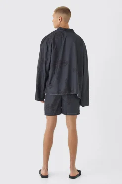 boohooMAN Gothic Print Kimono Shirt & Swim Short Set | UK| Sets & Co-Ords