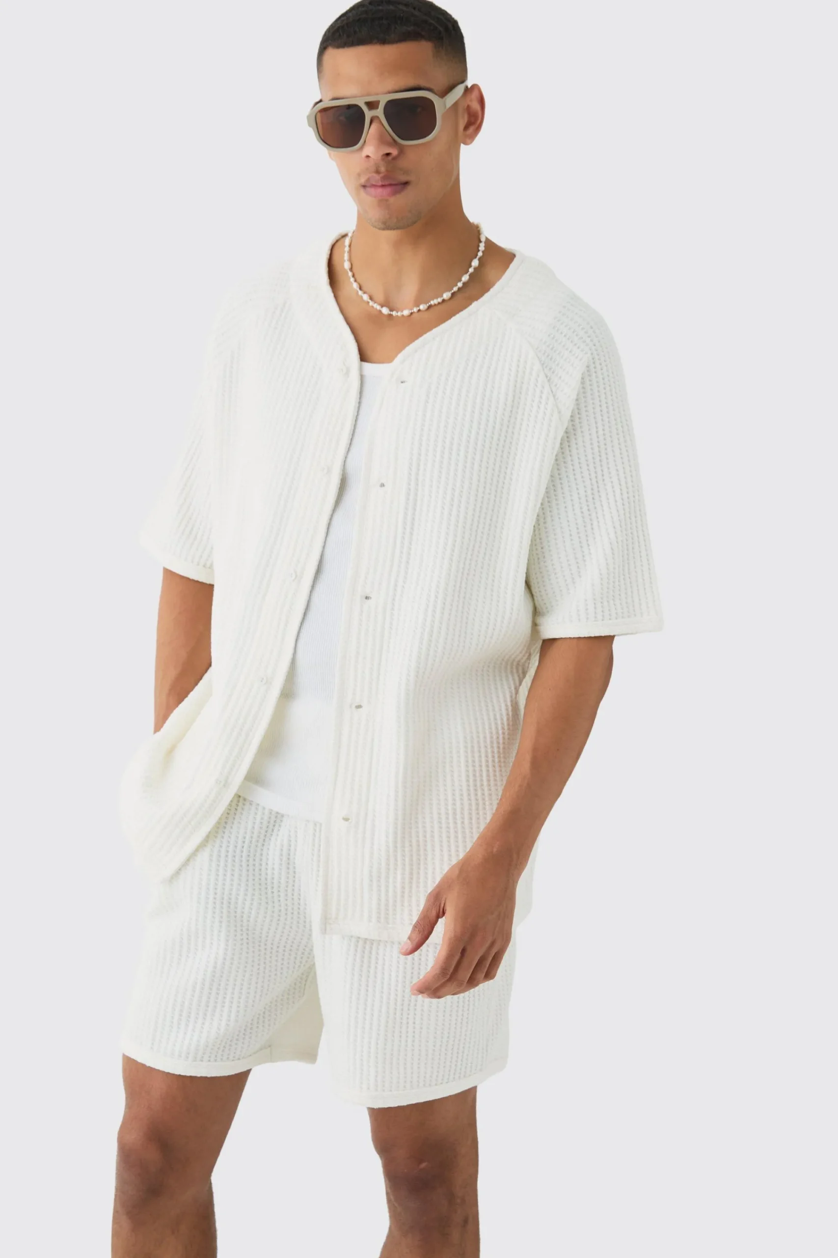 boohooMAN Heavy Jumbo Waffle Baseball Shirt & Short Set | UK| Sets & Co-Ords|Tracksuits